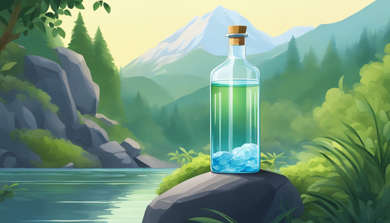 A serene mountain spring surrounded by lush greenery, with a clear, glass bottle of pure water sitting on a rock