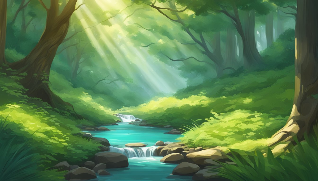 A serene forest stream flows through lush greenery, with sunlight filtering through the canopy onto the crystal-clear water