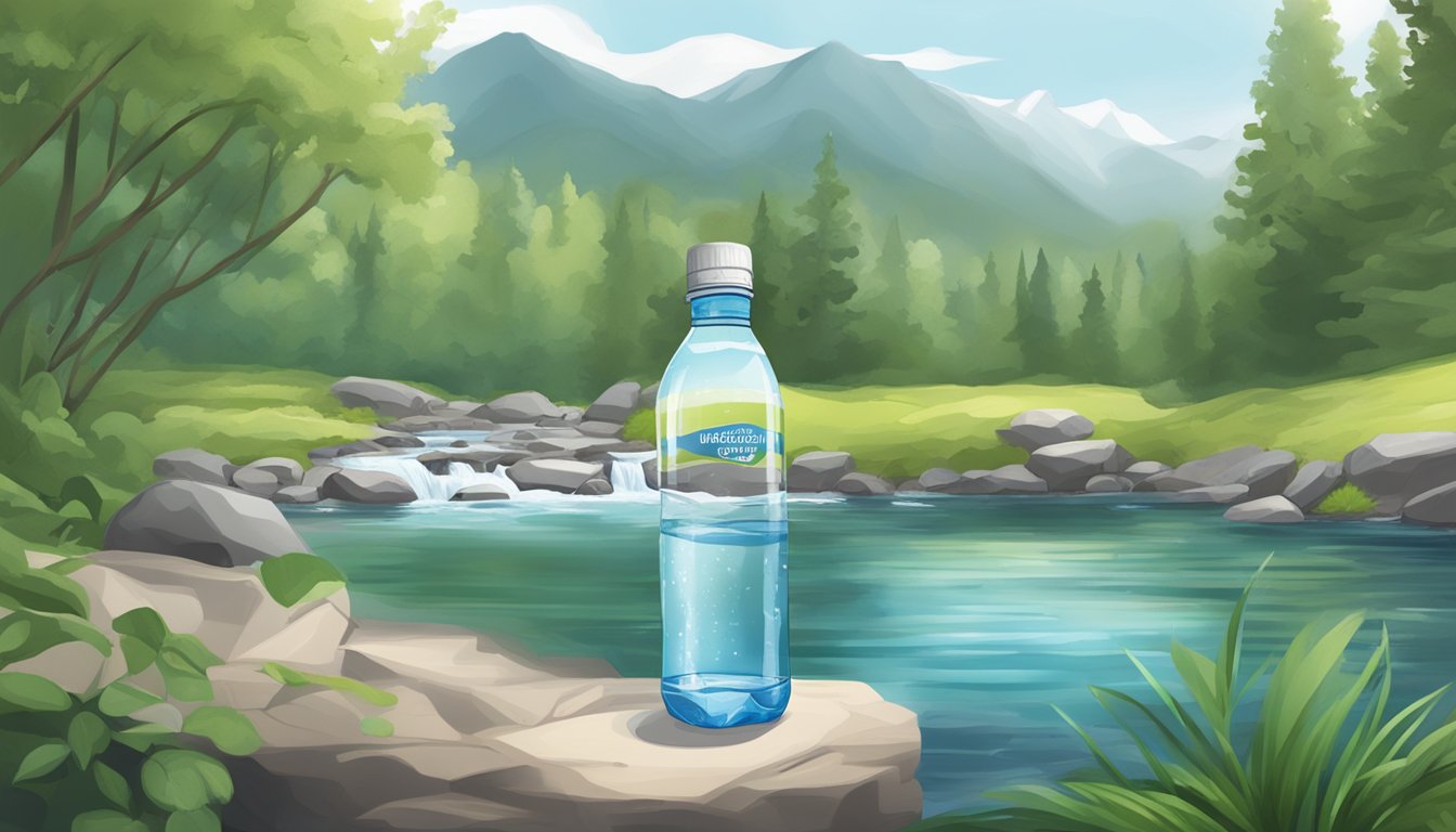 A pristine mountain spring surrounded by lush greenery, with a clear stream flowing into a sleek, modern water bottle labeled "Understanding Bottled Water."