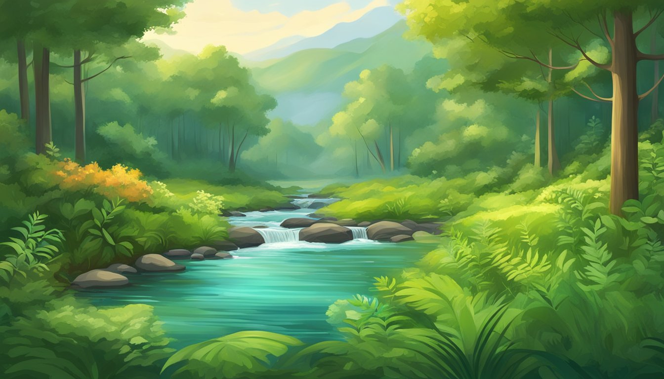 A serene forest stream flows through a lush, green landscape, surrounded by vibrant plant life and clear, unpolluted water