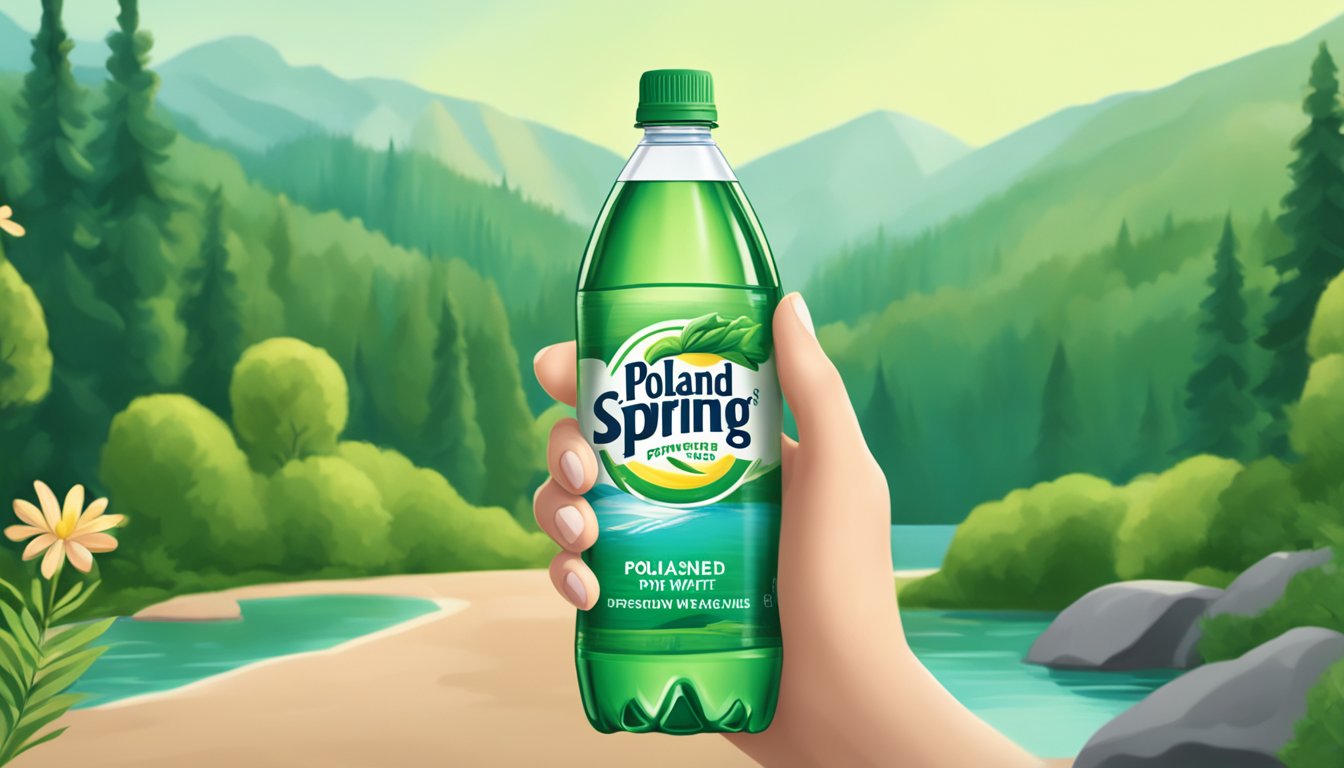 A person holding a bottle of Poland Spring water, surrounded by nature and clean, refreshing surroundings