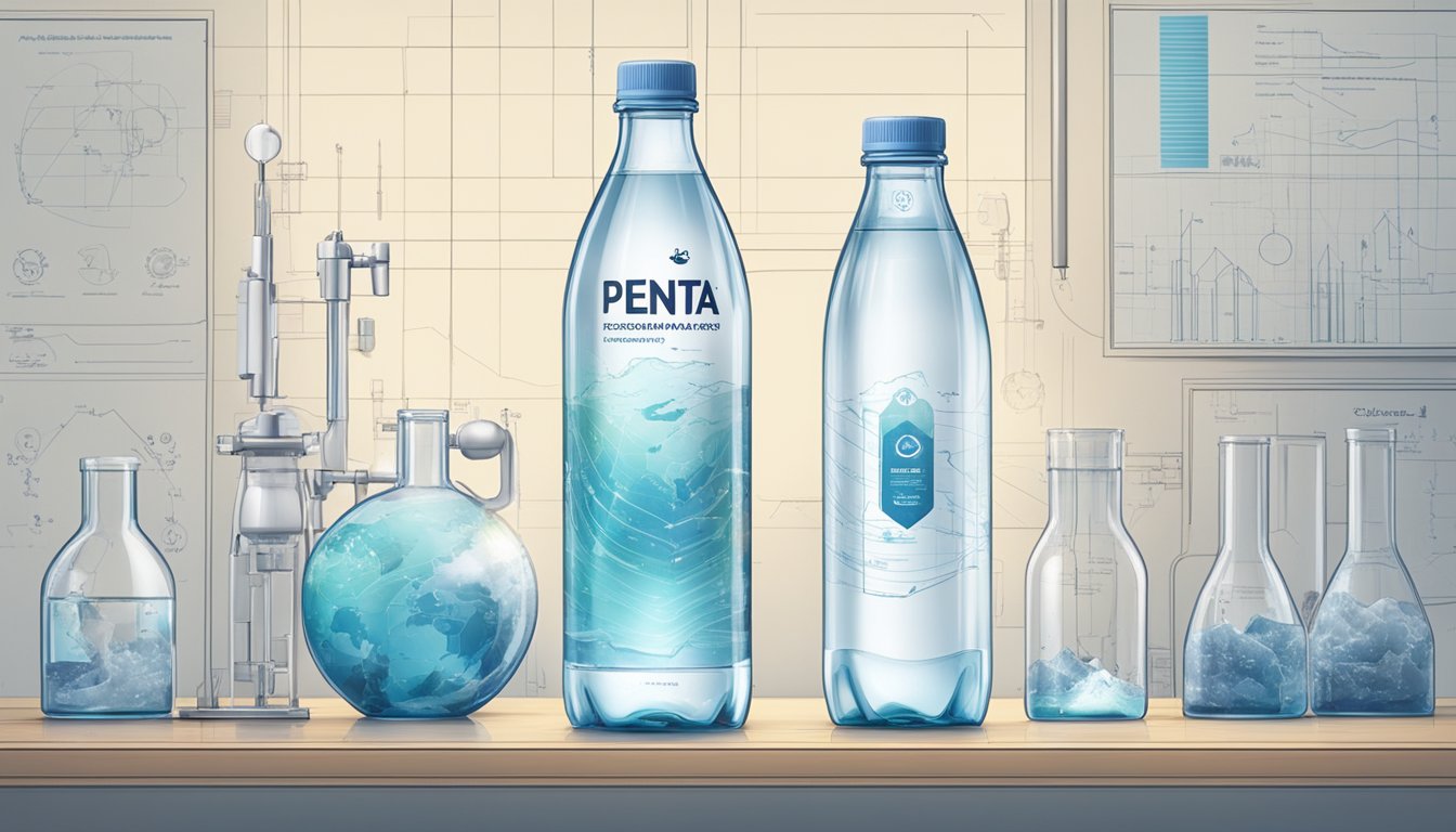 A clear bottle of penta water surrounded by scientific equipment and diagrams