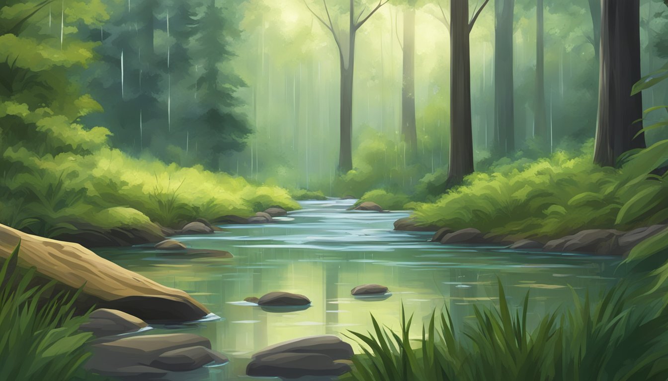 A serene forest clearing with a gentle rain shower, where a clear stream of rainwater collects in a glass bottle