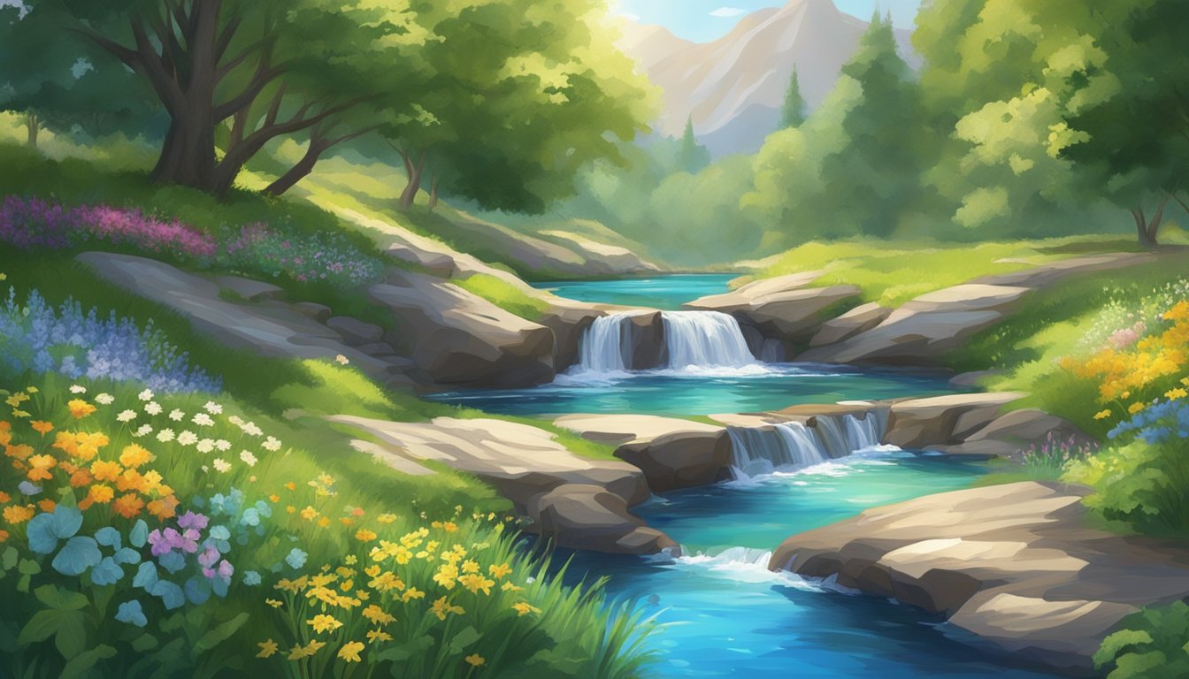 A serene mountain spring flows into a crystal-clear pool, surrounded by lush green foliage and vibrant wildflowers. The water glistens in the sunlight, exuding purity and freshness