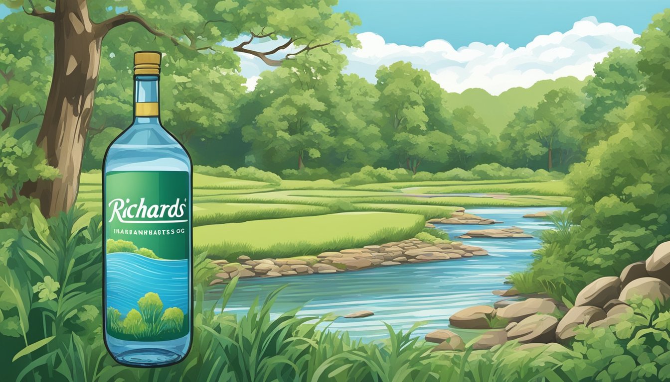 A lush green landscape with a flowing river, surrounded by trees and wildlife, with a clear blue sky and a bottle of Richards Rainwater in the foreground