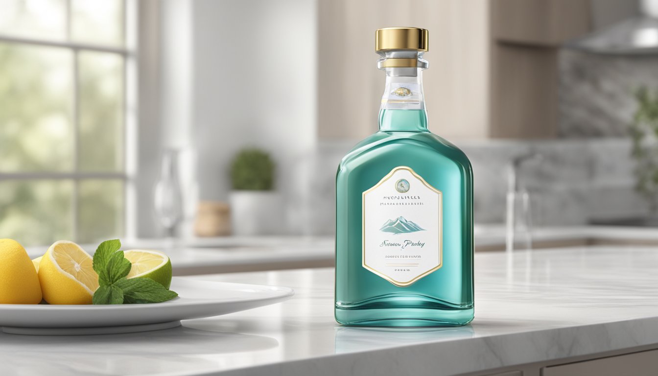 A pristine mountain spring flowing into a clear, glass-like bottle with a sleek, modern label. The bottle sits on a polished marble countertop, surrounded by a halo of soft, natural light