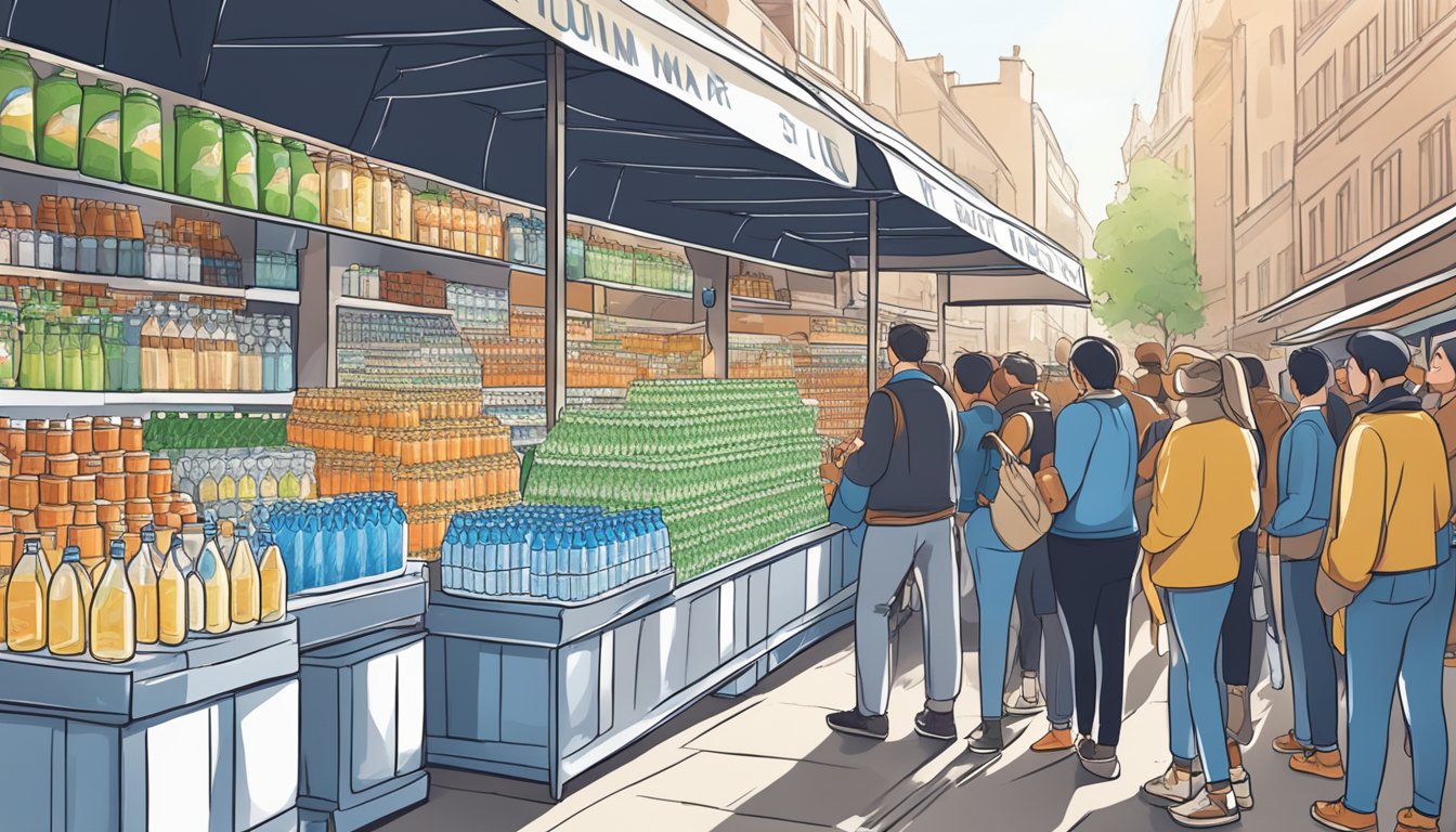 A bustling market stall with rows of premium bottled water displayed, surrounded by eager consumers reaching for the products