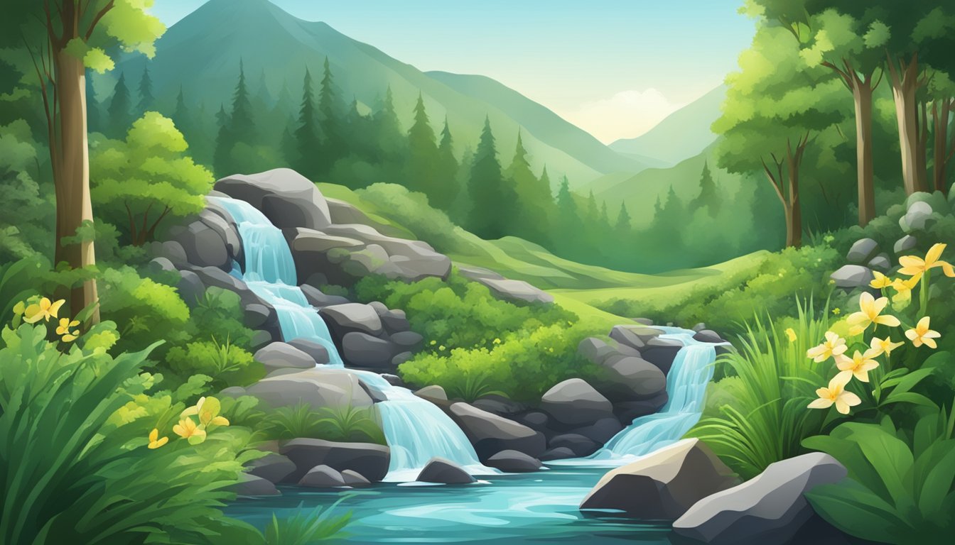 A serene mountain spring surrounded by lush greenery, with a clear stream of water flowing into a pristine, glass bottle