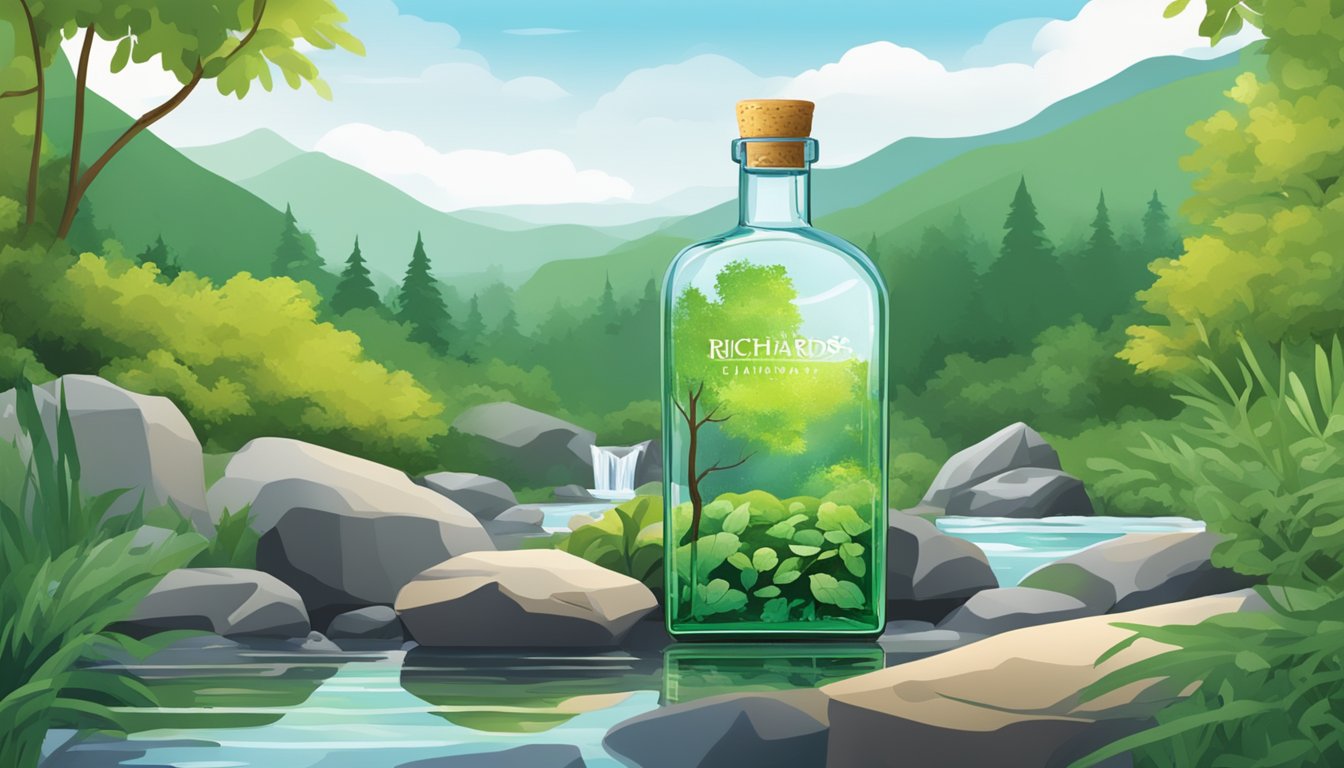 A lush, green landscape with a clear, flowing stream. A pristine glass bottle filled with Richards Rainwater sits on a rock, surrounded by fresh, vibrant foliage