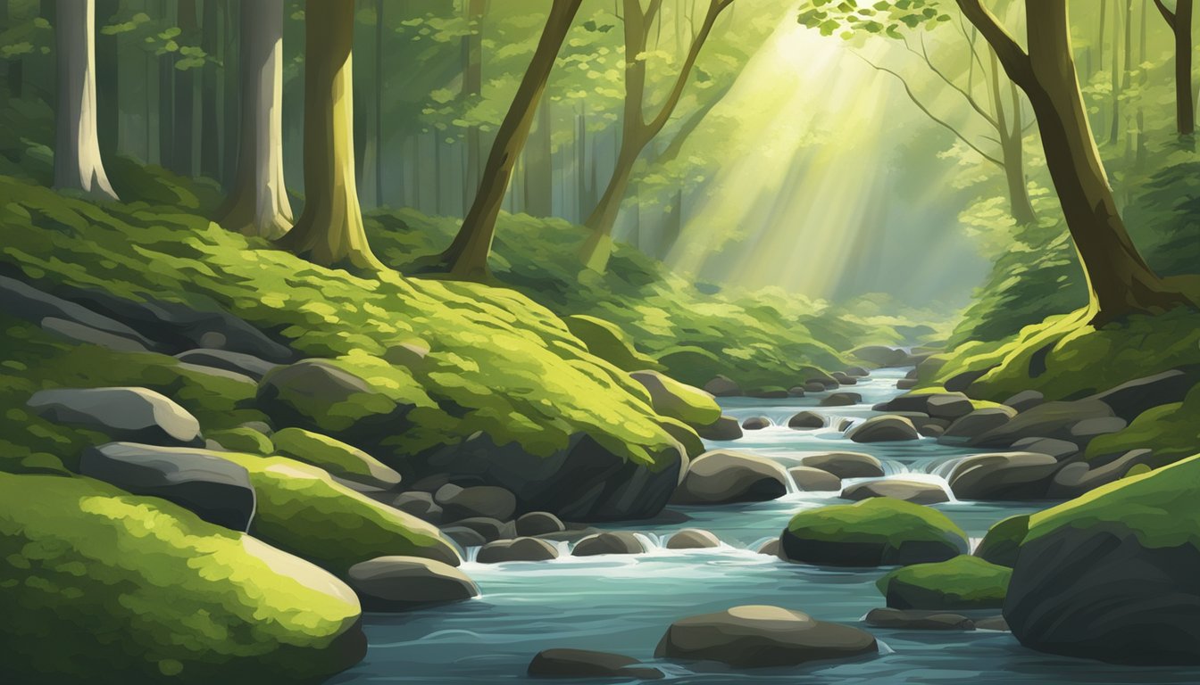 A serene forest stream flows between moss-covered rocks, reflecting the dappled sunlight filtering through the canopy above