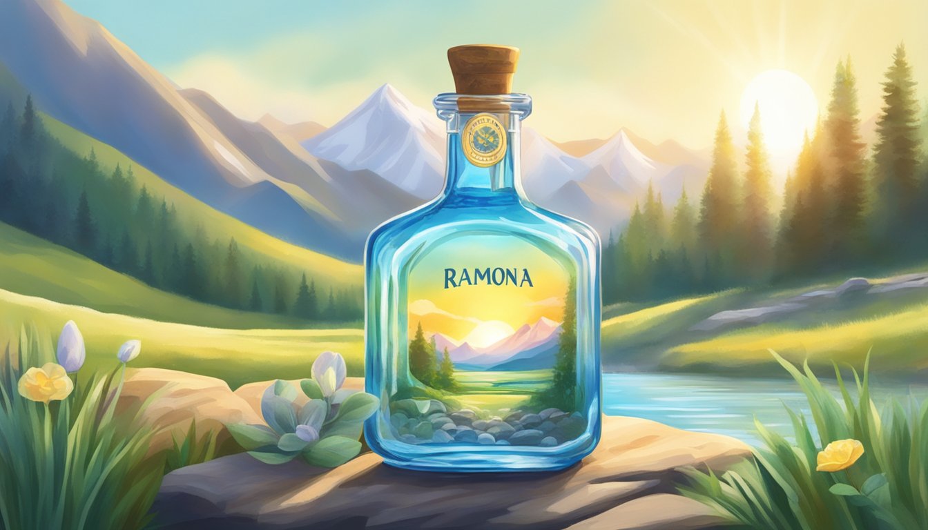 A serene mountain spring flows into a clear, glass bottle labeled "Ramona." The sun shines through the water, creating a shimmering effect