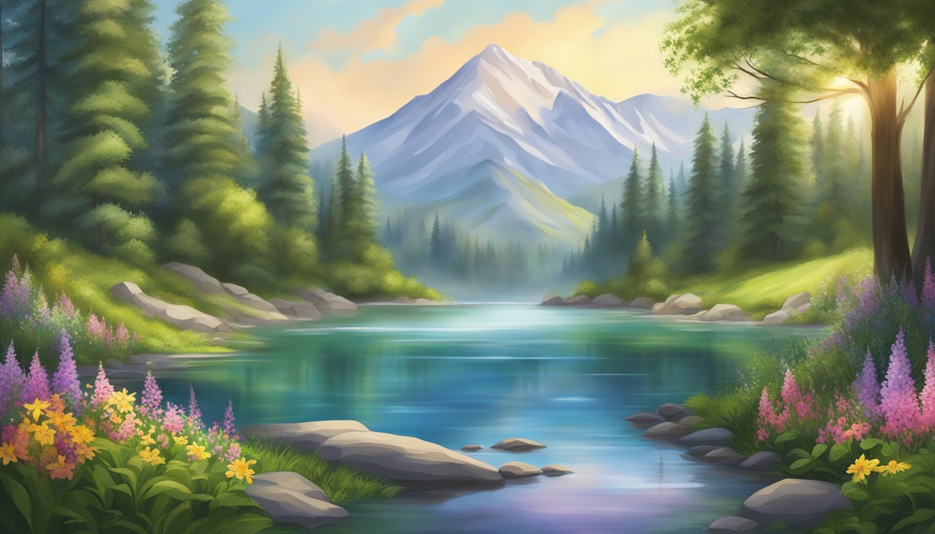 A crystal-clear mountain spring flows into a serene, untouched lake, surrounded by lush greenery and vibrant wildflowers