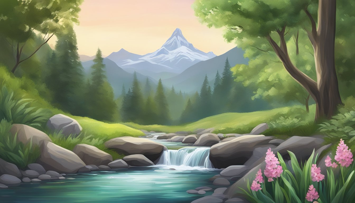 A serene mountain spring surrounded by lush greenery, with a clear, sparkling stream flowing into a pristine, glass bottle labeled "Ramona."