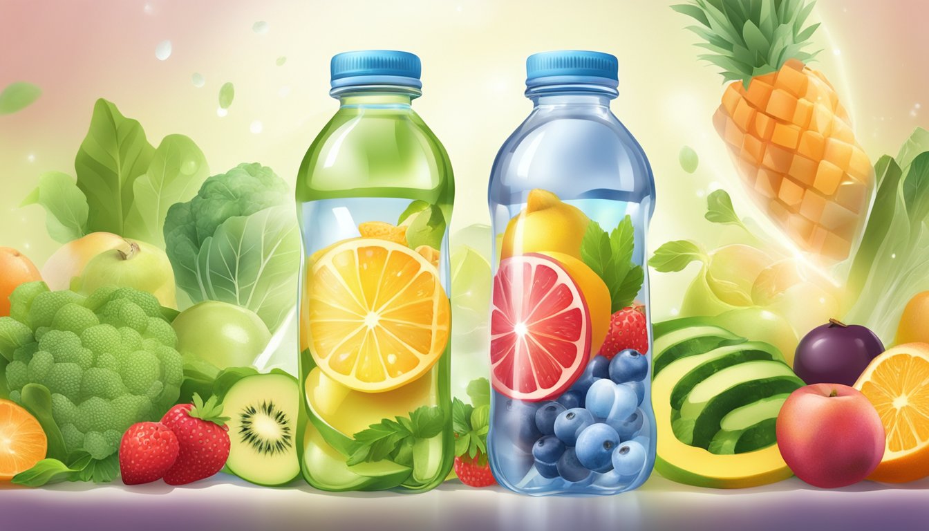 A clear, refreshing bottle of water surrounded by vibrant, fresh fruits and vegetables, with a glowing halo of light around it