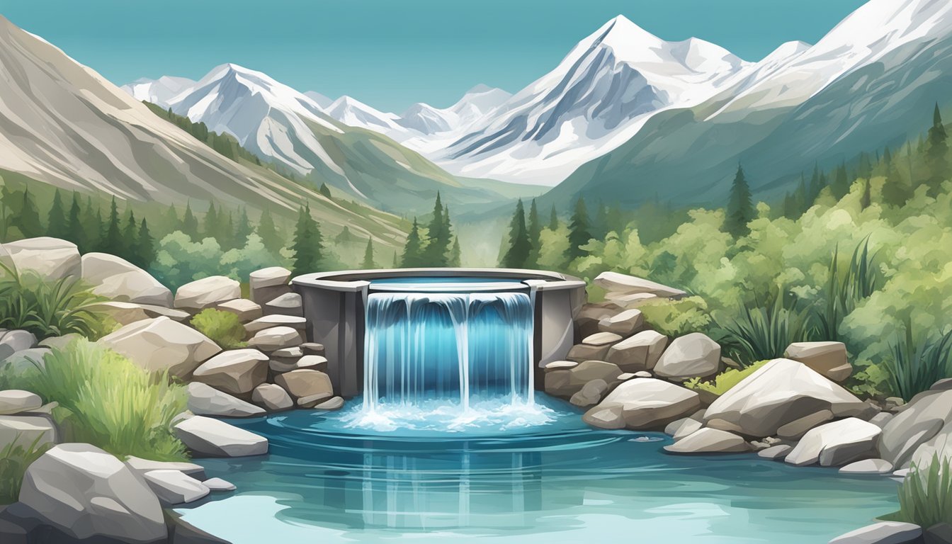 A pristine mountain spring flowing into a modern filtration system, producing clear, refreshing bottled water