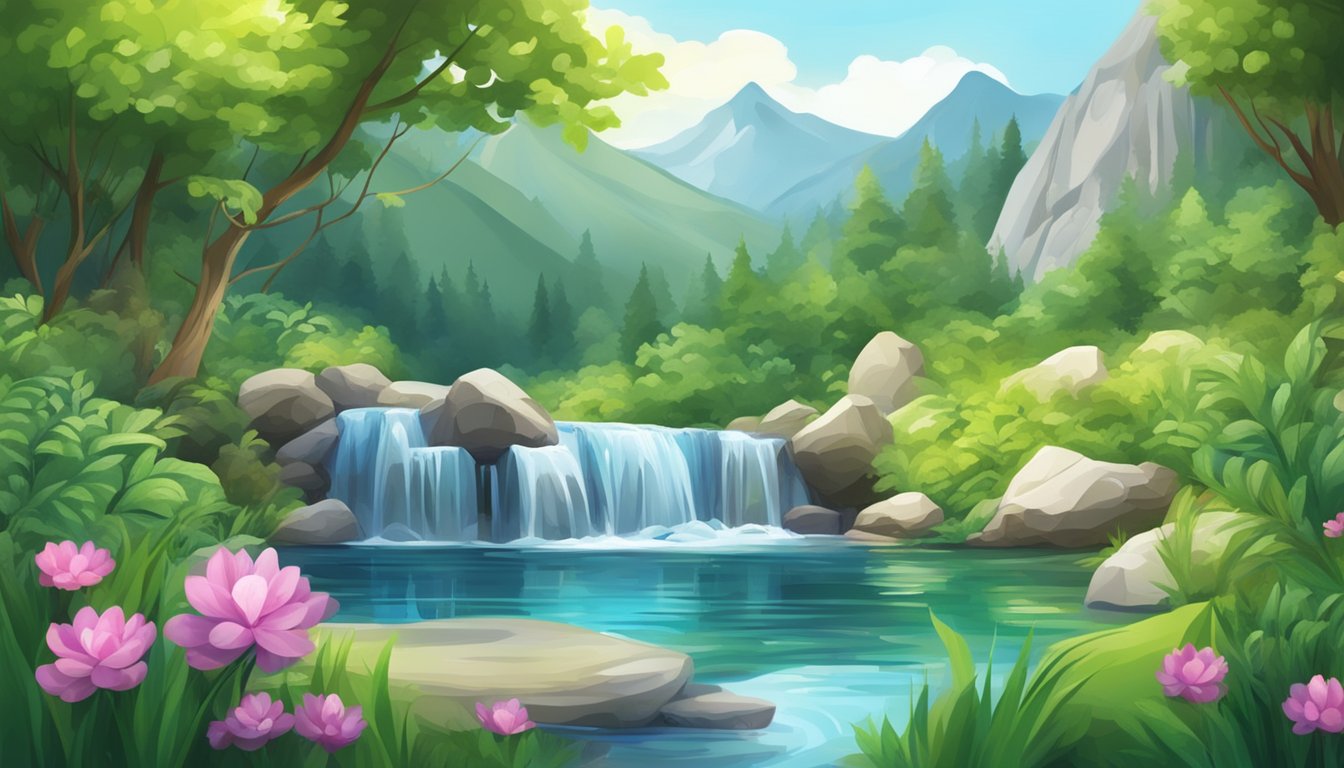 A pristine mountain spring surrounded by lush greenery, with a clear stream flowing into a collection of glass and plastic bottled water