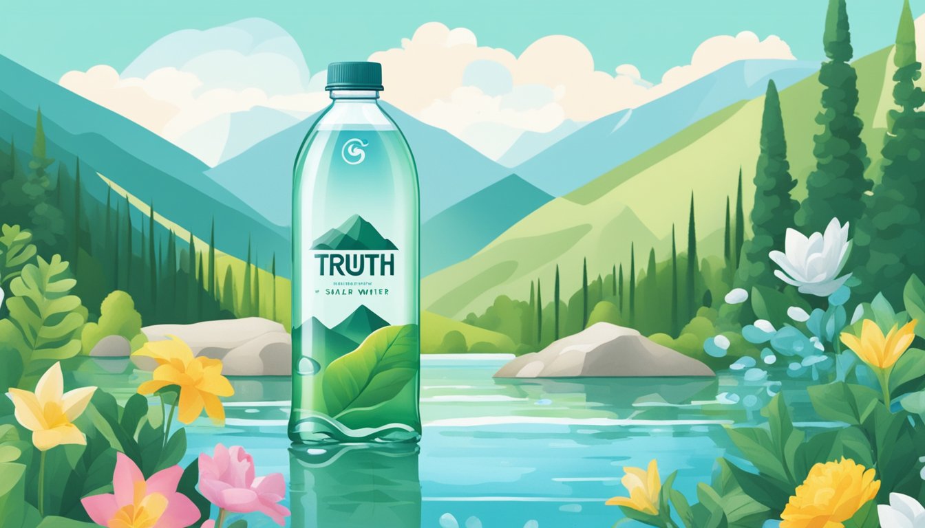 A clear, pristine mountain spring surrounded by lush greenery, with a sleek, modern bottle of Simple Truth water standing out among other generic bottled water brands