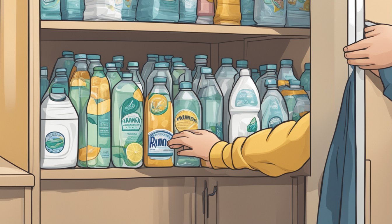 A hand reaching for a bottle of Ramona water among neatly packed boxes in a pantry