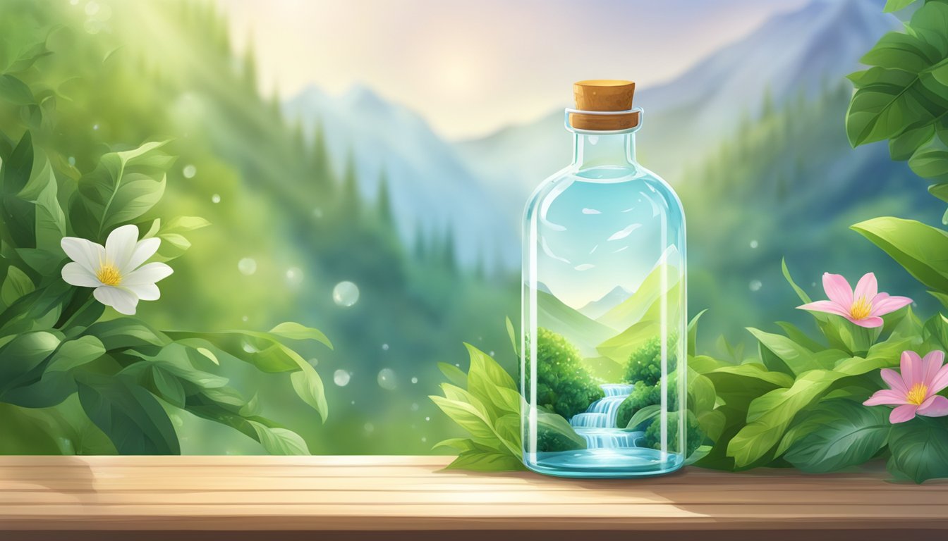 A serene mountain spring flows into a clear, glass bottle, surrounded by lush greenery and sparkling sunlight