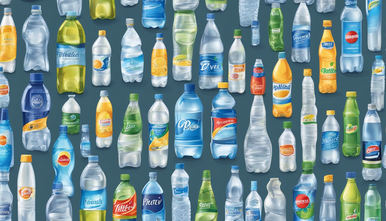 A table with various bottled water brands arranged for comparison