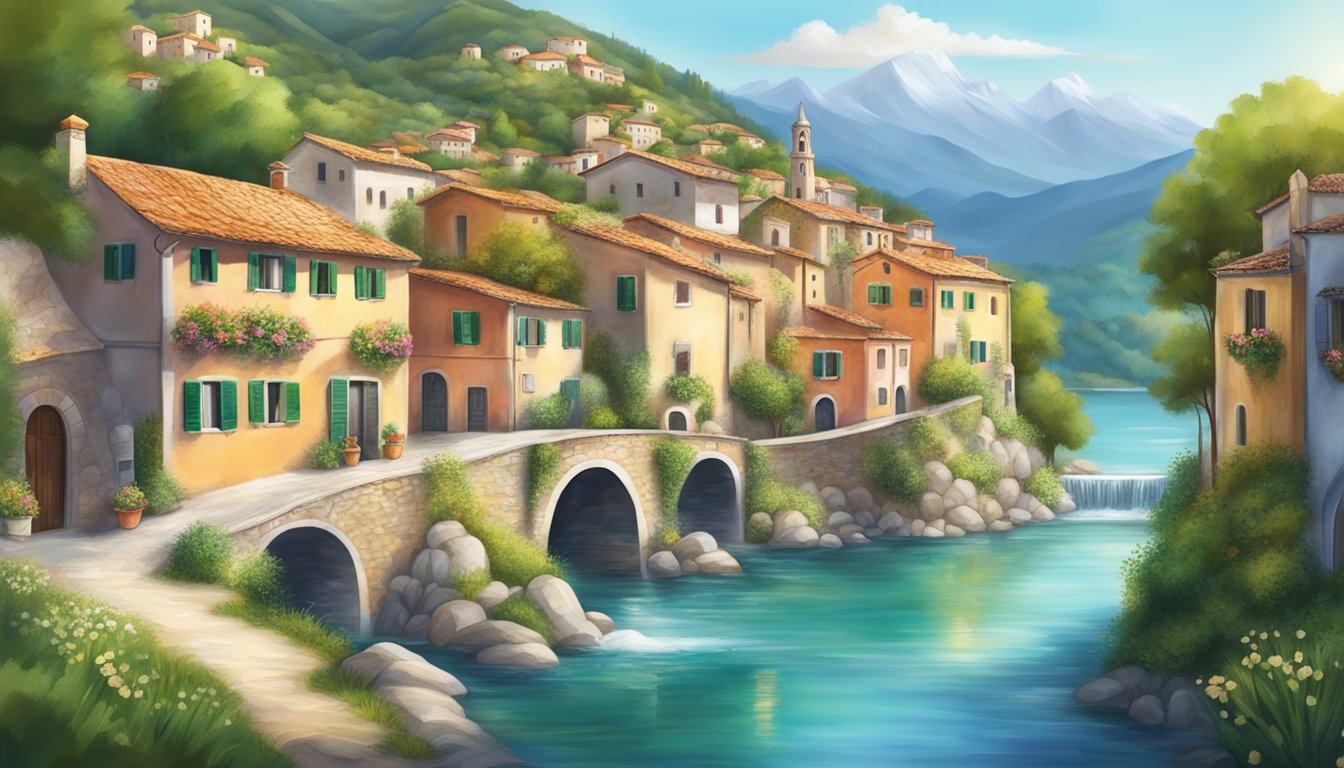 A serene Italian village nestled in the mountains, with a historic spring gushing crystal-clear water into glass bottles