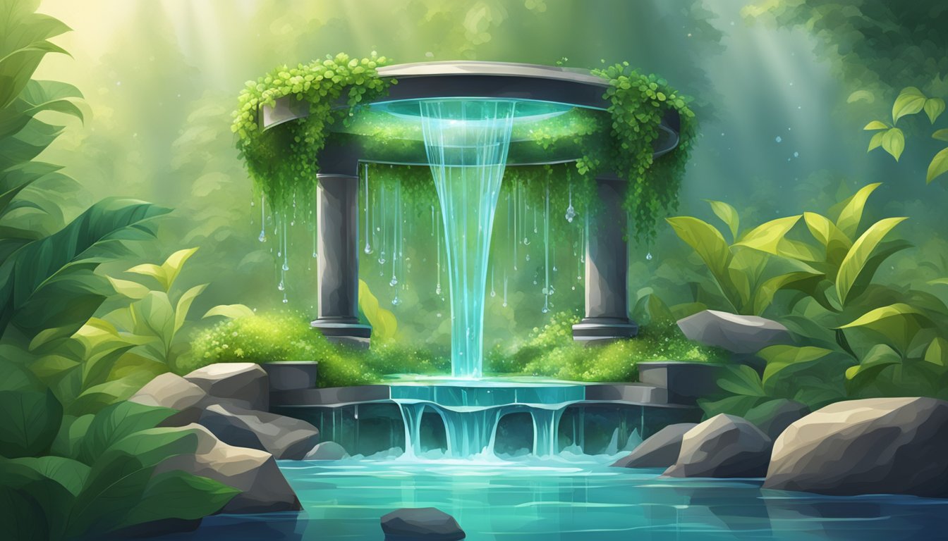 A pristine well surrounded by lush greenery, with a crystal-clear stream of water flowing into glass bottles