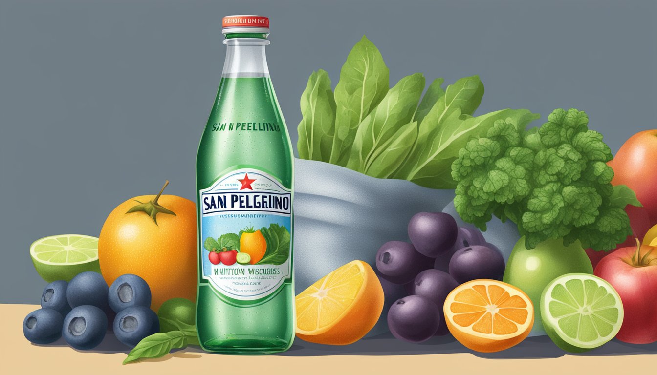 A bottle of San Pellegrino water surrounded by fresh fruits and vegetables, with a nutrition label in the background