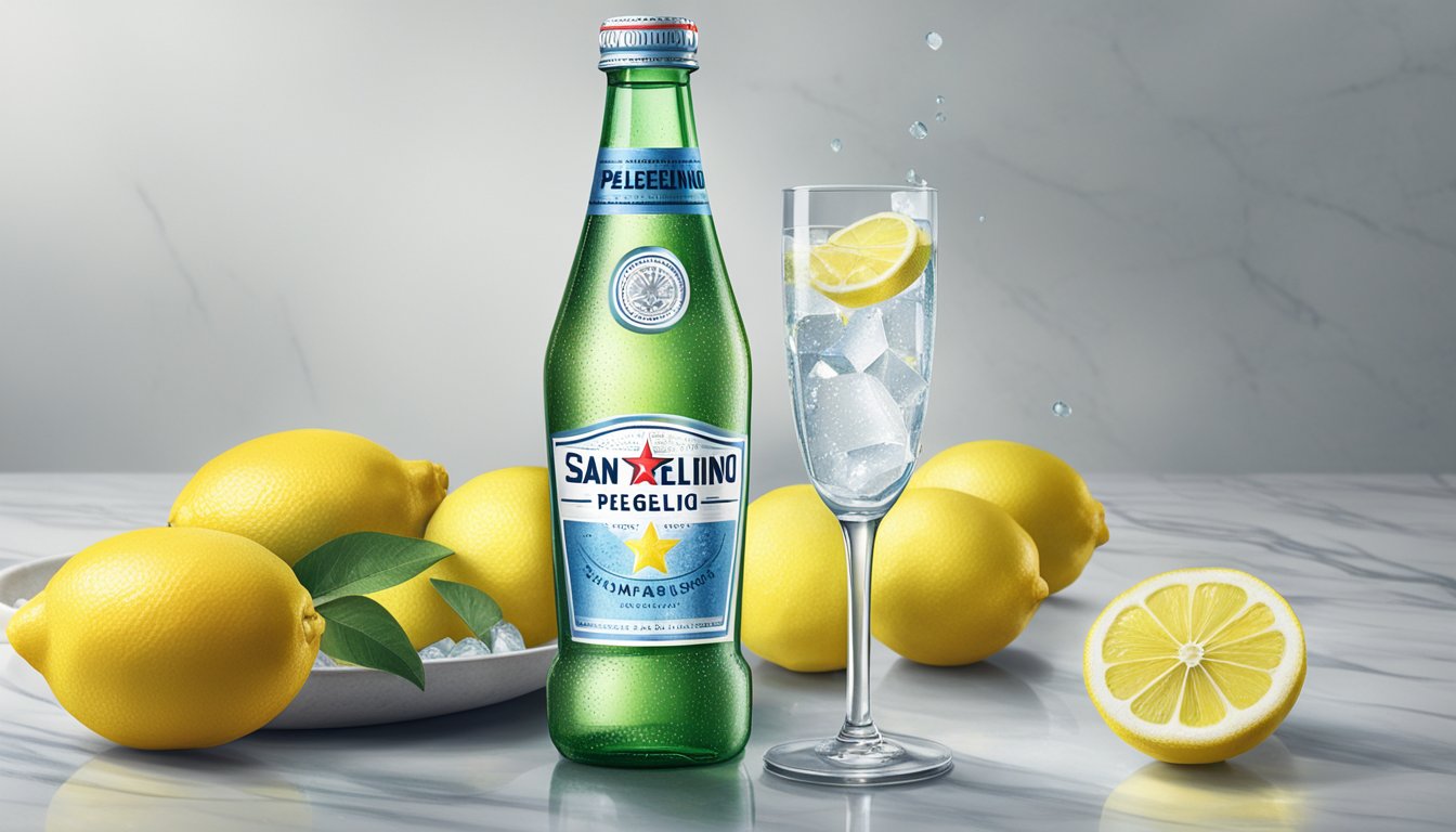 A sparkling San Pellegrino bottle surrounded by fresh lemons and a glass of ice on a marble tabletop