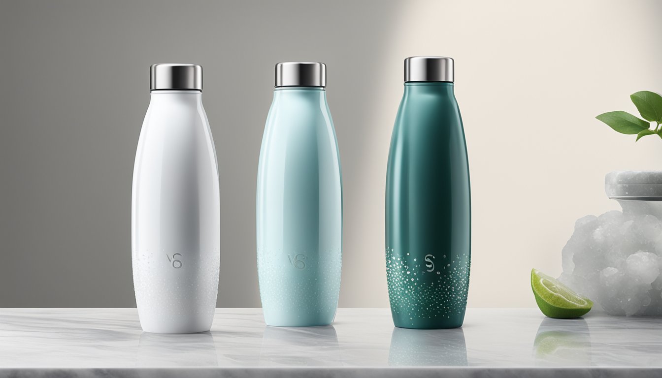 A sleek Voss water bottle stands on a marble countertop, surrounded by clear, sparkling droplets