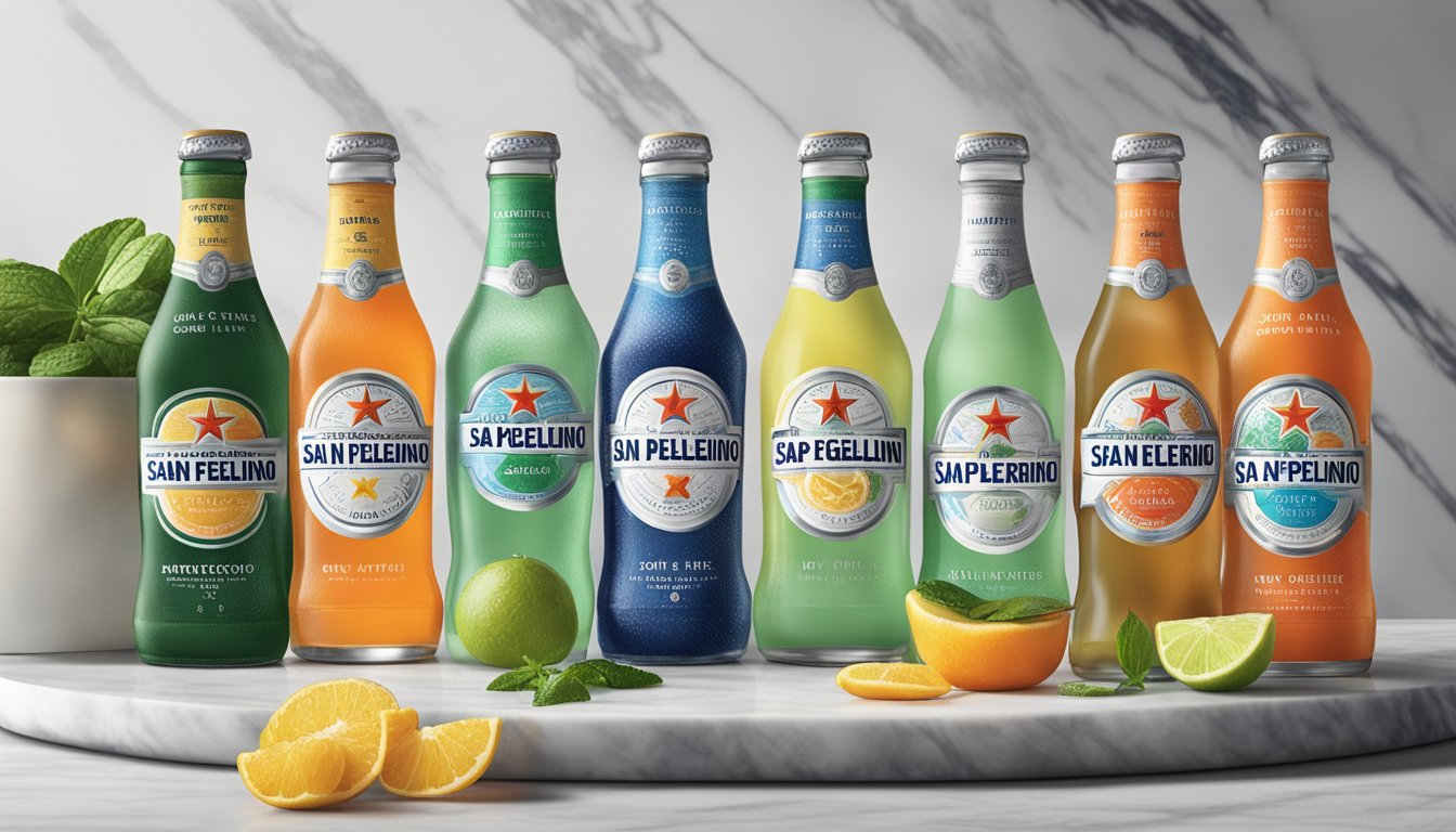 A variety of flavored San Pellegrino bottles arranged with mixology ingredients and tools on a marble countertop