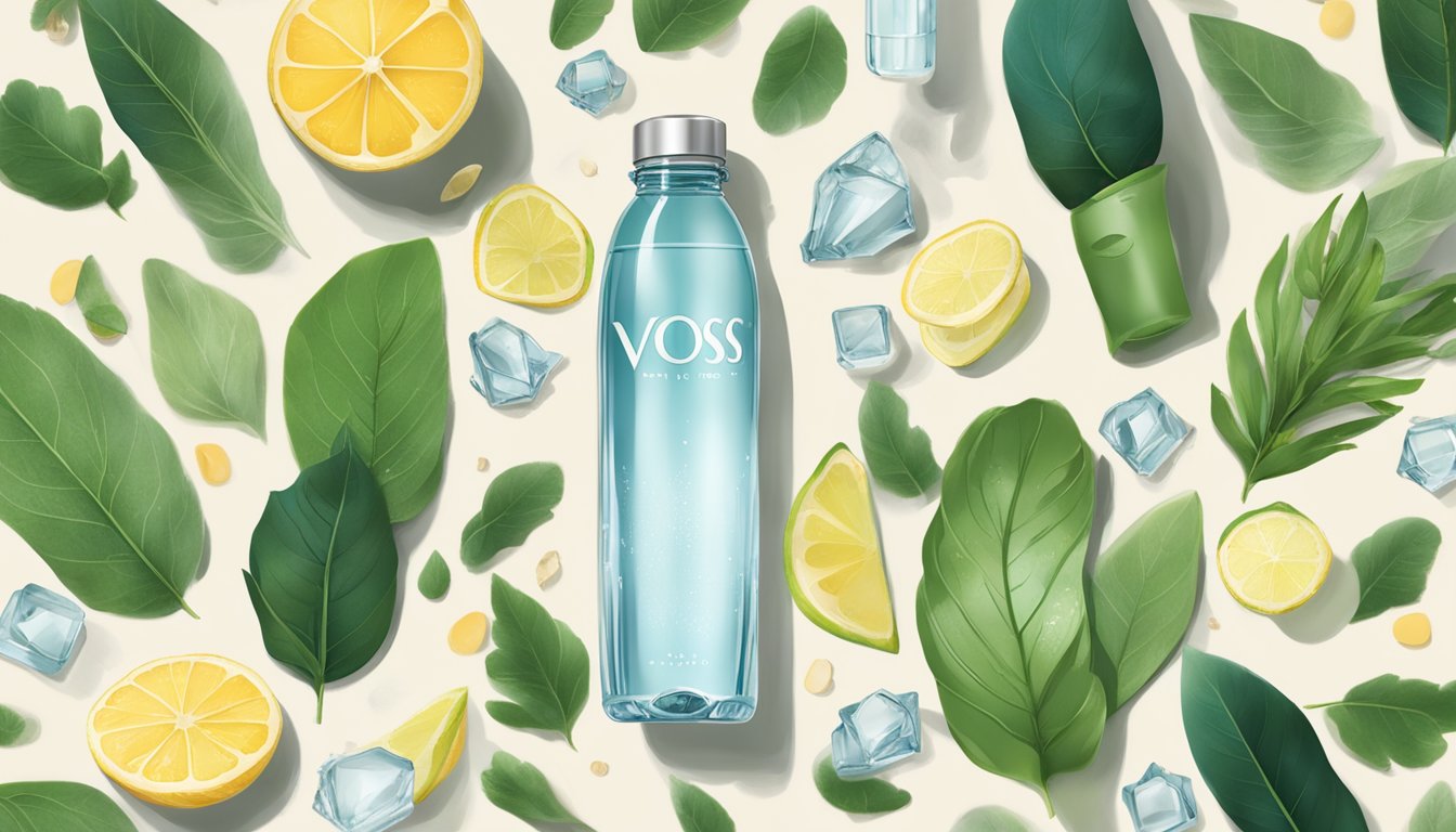 A clear Voss water bottle surrounded by recyclable materials and natural elements, emphasizing eco-friendly packaging