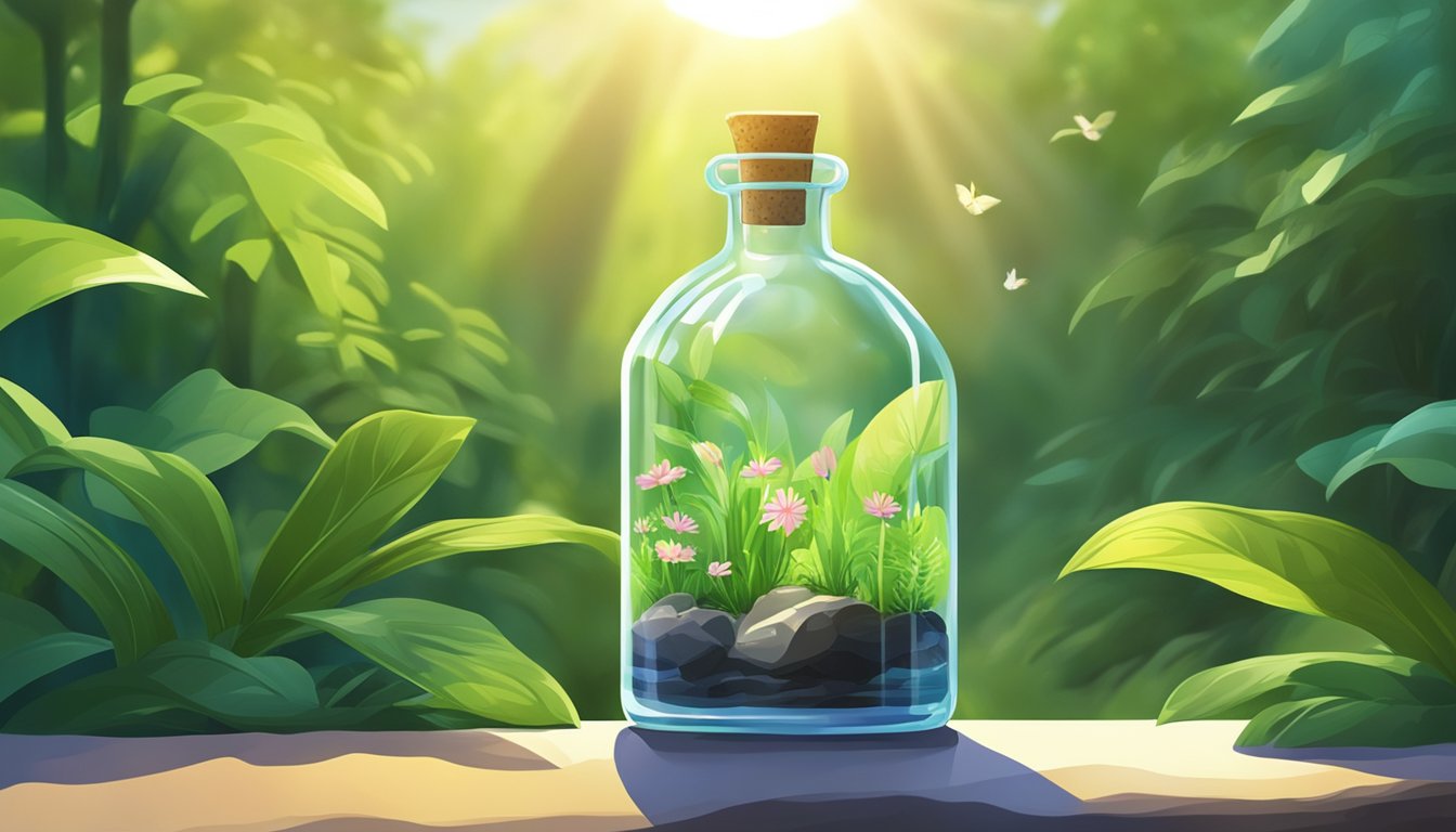 A serene mountain spring flows into a clear, glass bottle surrounded by lush greenery. The sun shines down, casting a warm glow on the scene