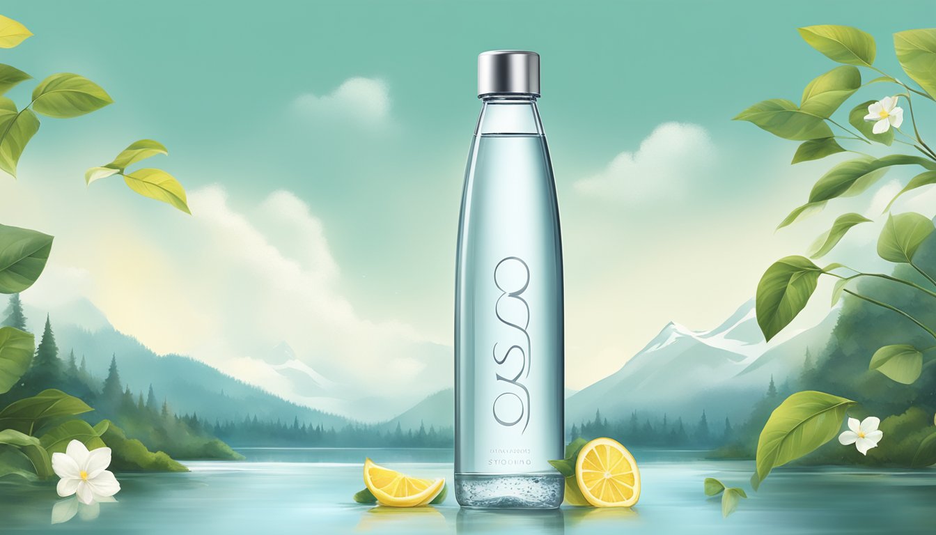 A sleek, modern bottle of Voss water stands against a backdrop of pristine nature, evoking a sense of purity and luxury