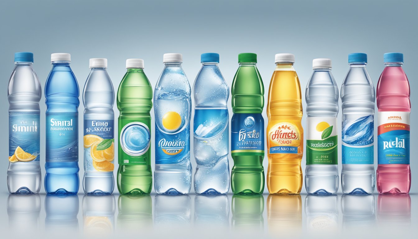 A table with various bottled water brands lined up for comparison