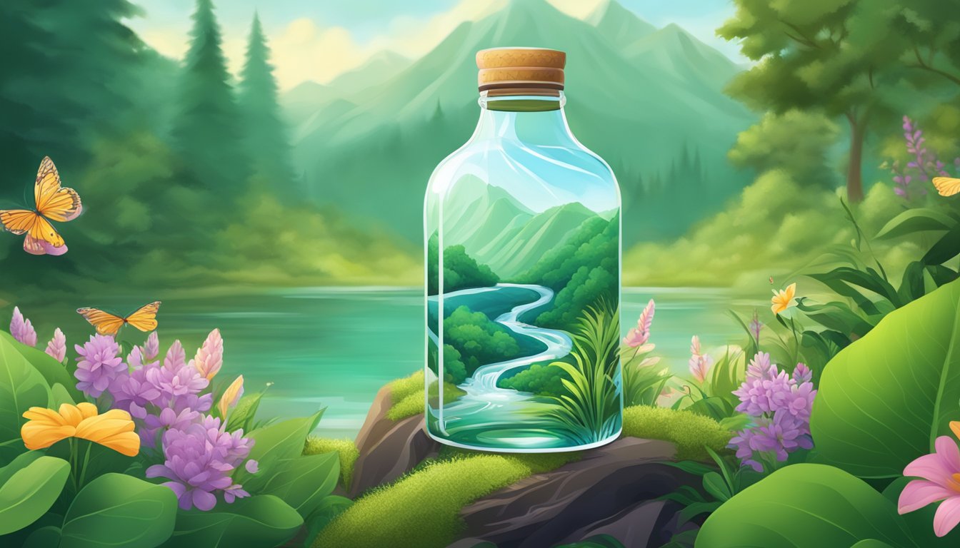 A pristine mountain spring flows into a recyclable glass bottle, surrounded by lush greenery and wildlife