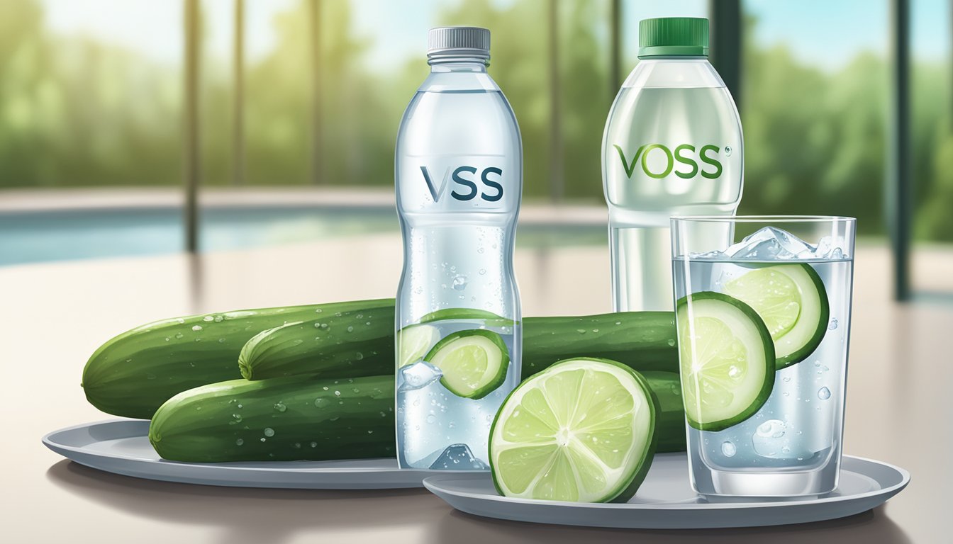 A clear, refreshing bottle of Voss water sits on a table next to a sliced cucumber and a glass of water