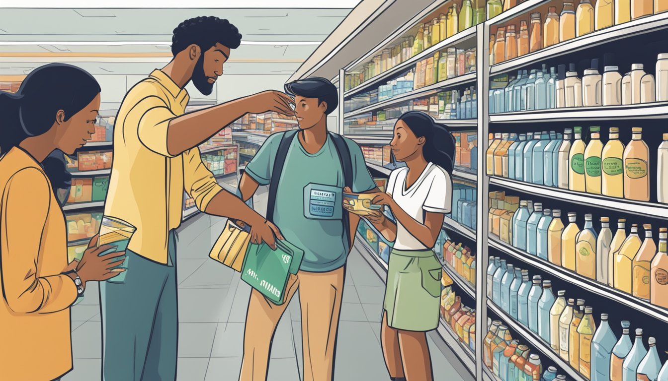 A group of people at a grocery store, reaching for a display of bottled water with a prominent "Consumer Preferences and Trends" label