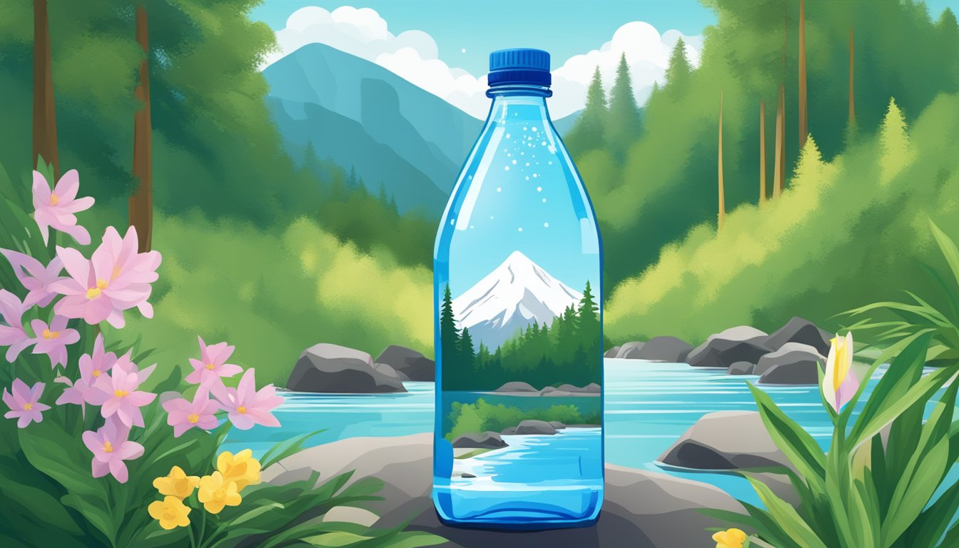 A pristine mountain spring surrounded by lush greenery and clear blue skies, with a sparkling, perfectly labeled bottle of water in the foreground