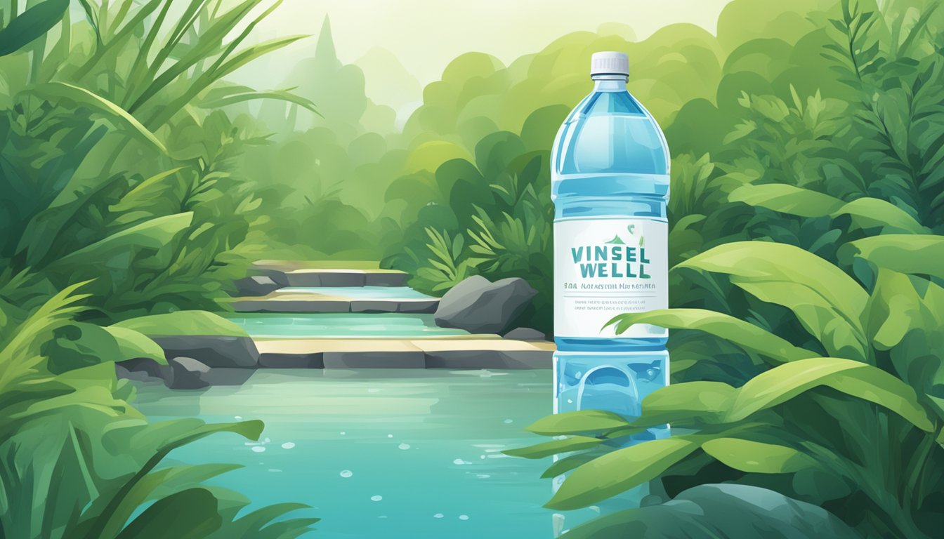 A clear, pristine well surrounded by lush greenery, with a modern, sleek bottled water label displayed prominently