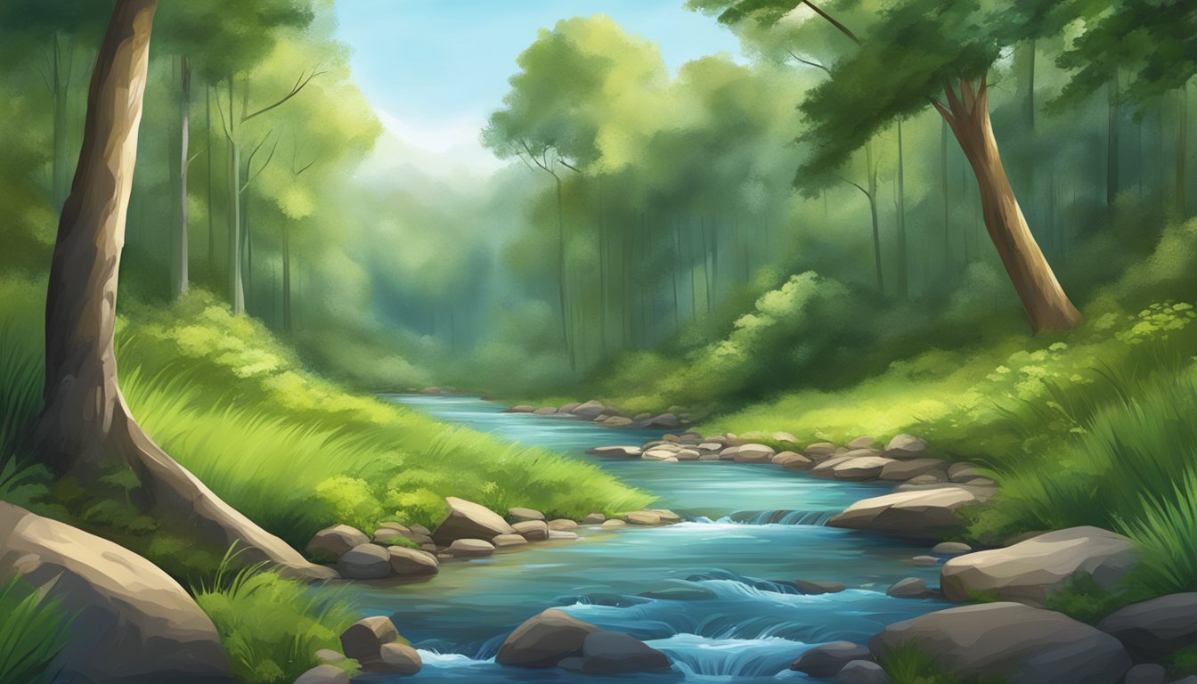 A clear, crisp stream flows through a lush forest, leading to a pristine, untouched spring where Bottled Water is refreshing is sourced