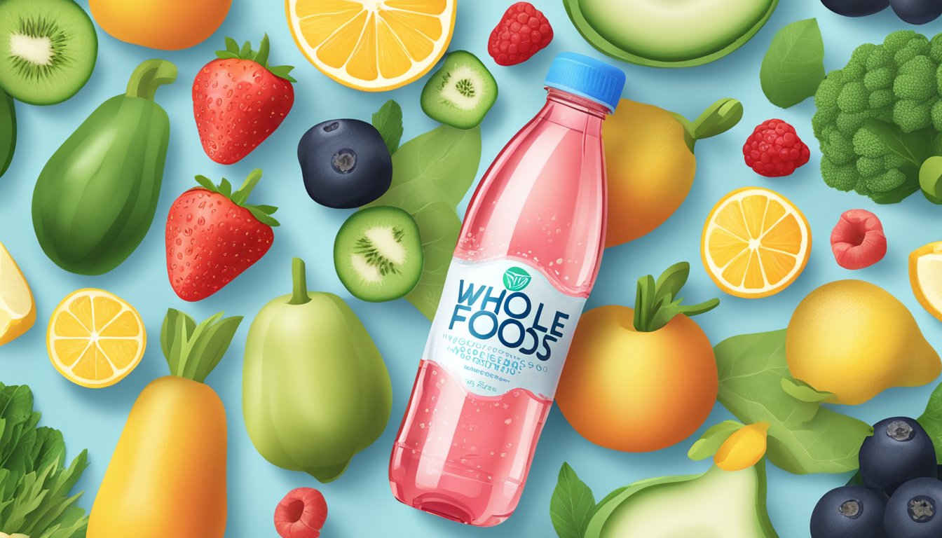 A clear, refreshing bottle of Whole Foods 365 water surrounded by fresh fruits and vegetables