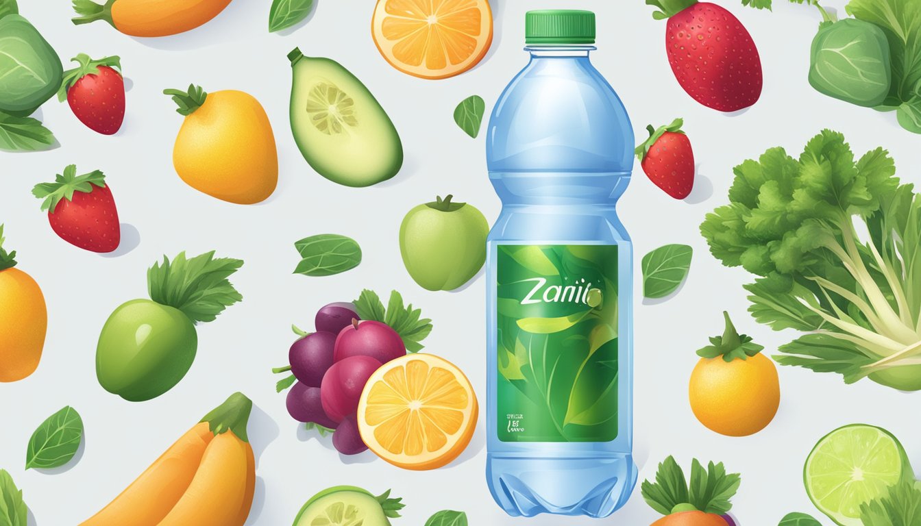 A clear, refreshing bottle of water surrounded by fresh fruits and vegetables