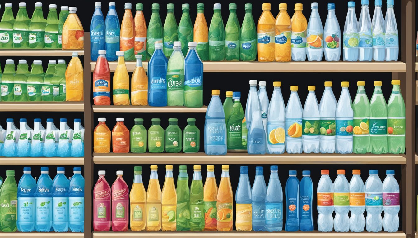 A variety of bottled water brands displayed on a shelf at a grocery store, with Whole Foods 365 prominently positioned among the other options