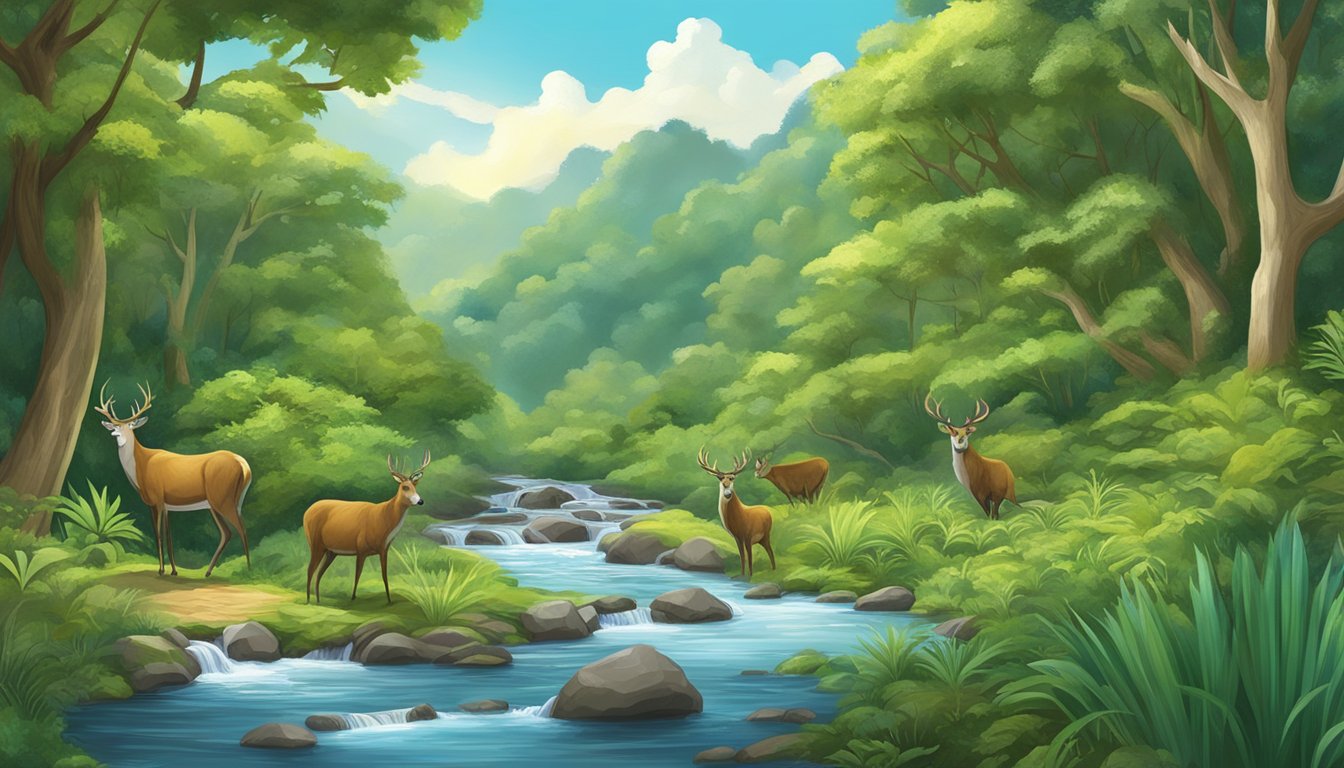 A lush forest with a pristine stream flowing through it, surrounded by diverse wildlife and clear blue skies