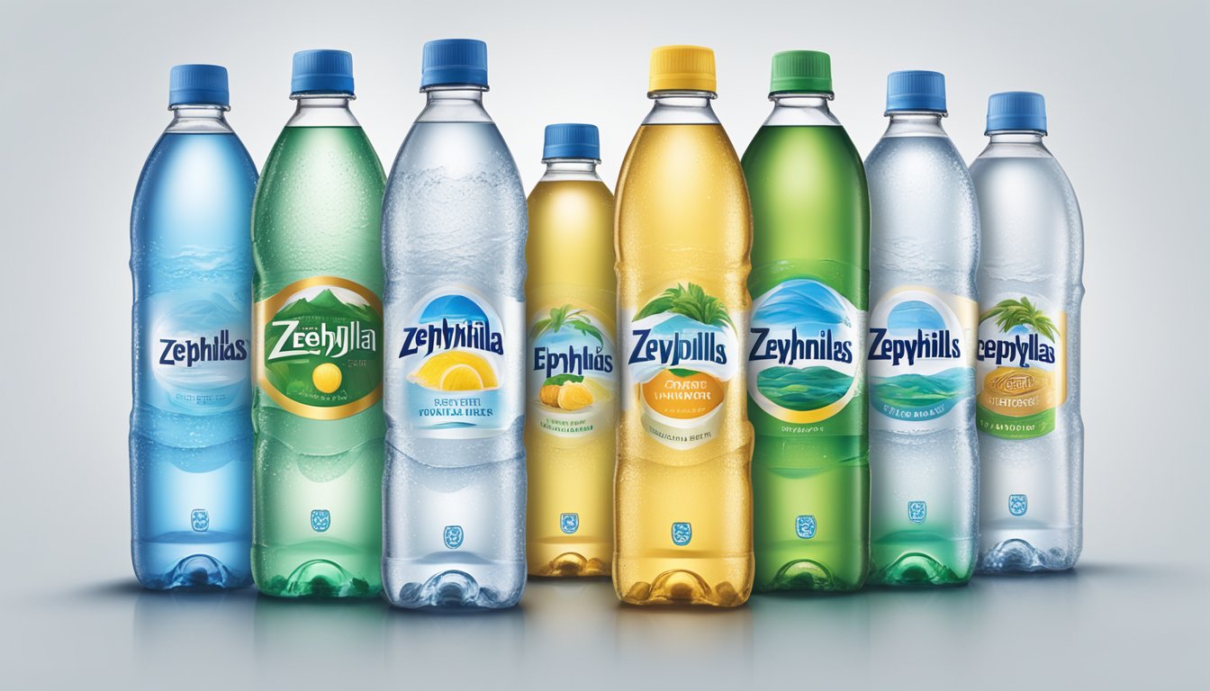 A lineup of various bottled water brands, with Zephyrhills standing out in the center, surrounded by other brands