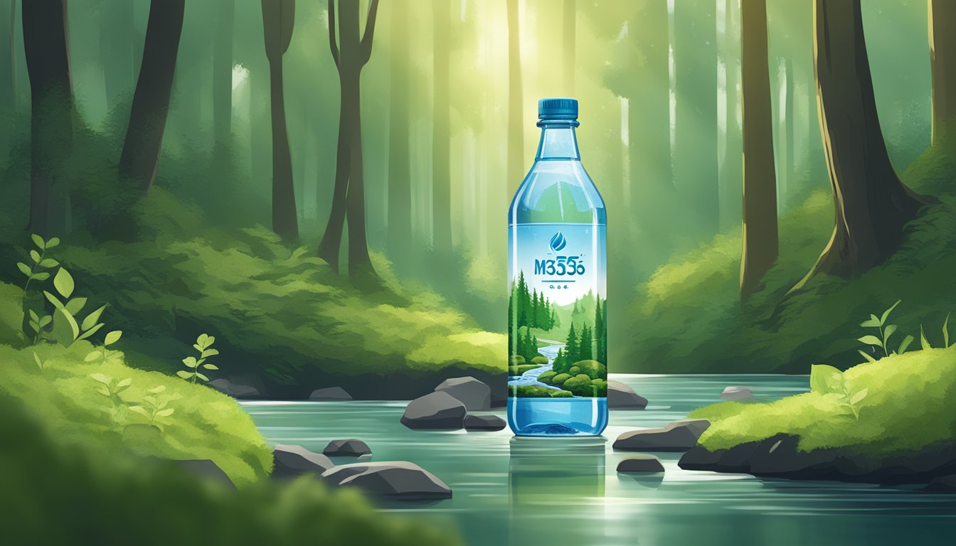 A serene forest stream, surrounded by lush greenery and sunlight filtering through the trees. A clear, glass bottle of Whole Foods 365 water sits on a moss-covered rock