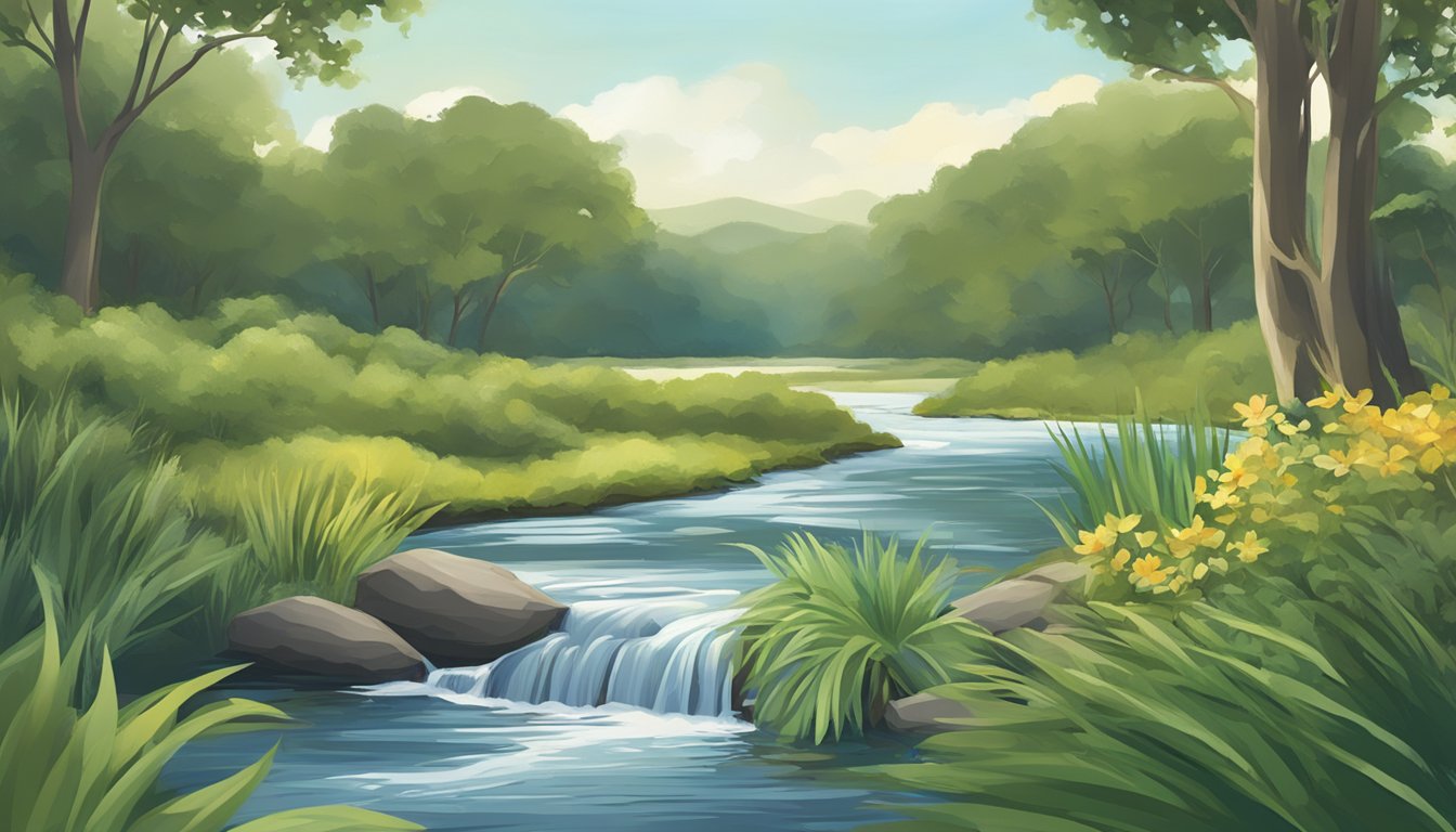 A serene landscape with a clear, flowing stream surrounded by lush greenery, with a bottle of Zephyrhills water placed prominently in the foreground