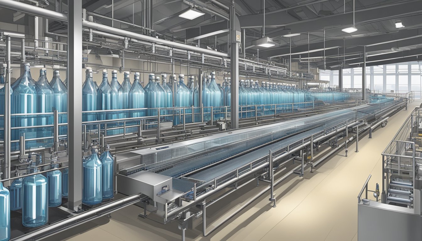 A large bottling facility with conveyor belts, filling machines, and quality control stations. Sparkling clean bottles move through the process, ready to be filled with Tahoe's finest water