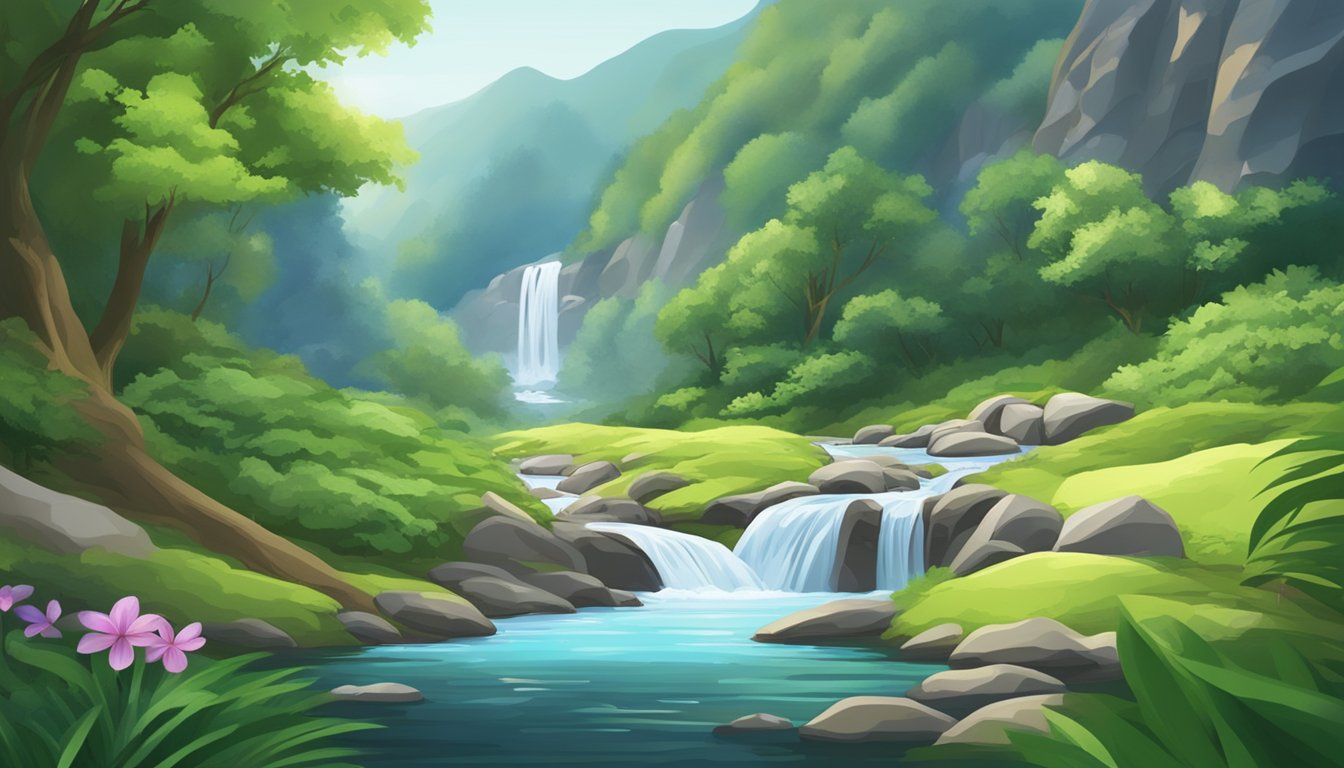 A serene mountain spring surrounded by lush greenery, with a clear stream of water flowing into a pristine bottle