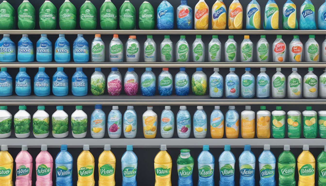 A variety of bottled water brands lined up on a shelf, with Volvic prominently displayed among them